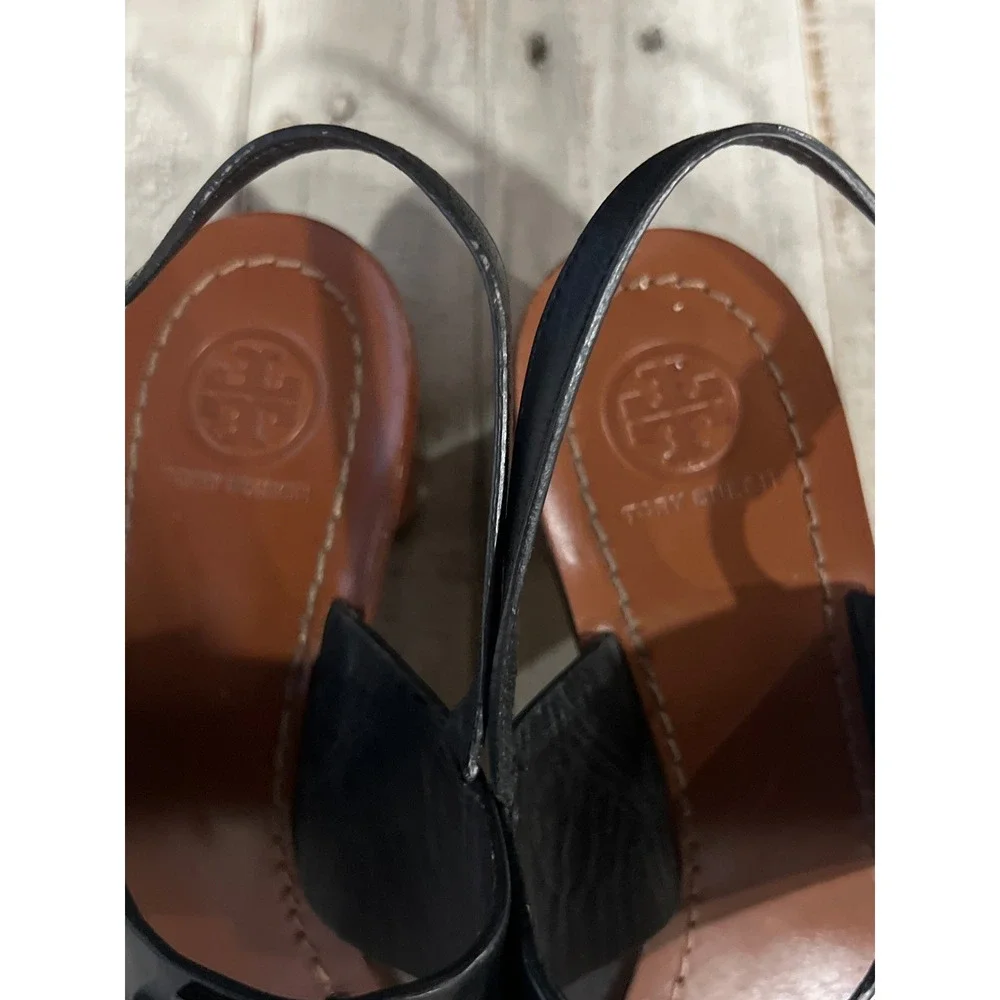 Tory Burch Lowell Black Leather Logo Buckle Block Heel Sandals Womens 8.5M Prepp
